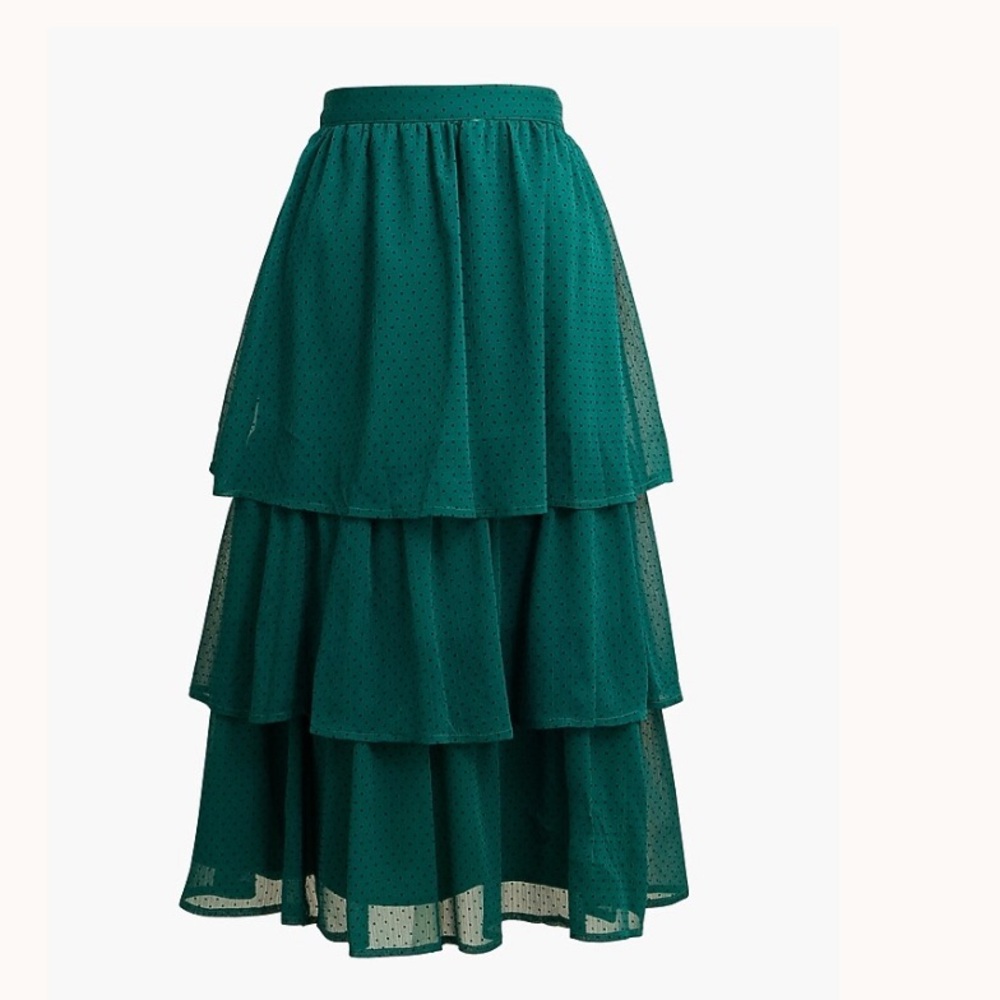 J Crew Elegant Dark Green Tiered Ruffle Midi Skirt NWT Small